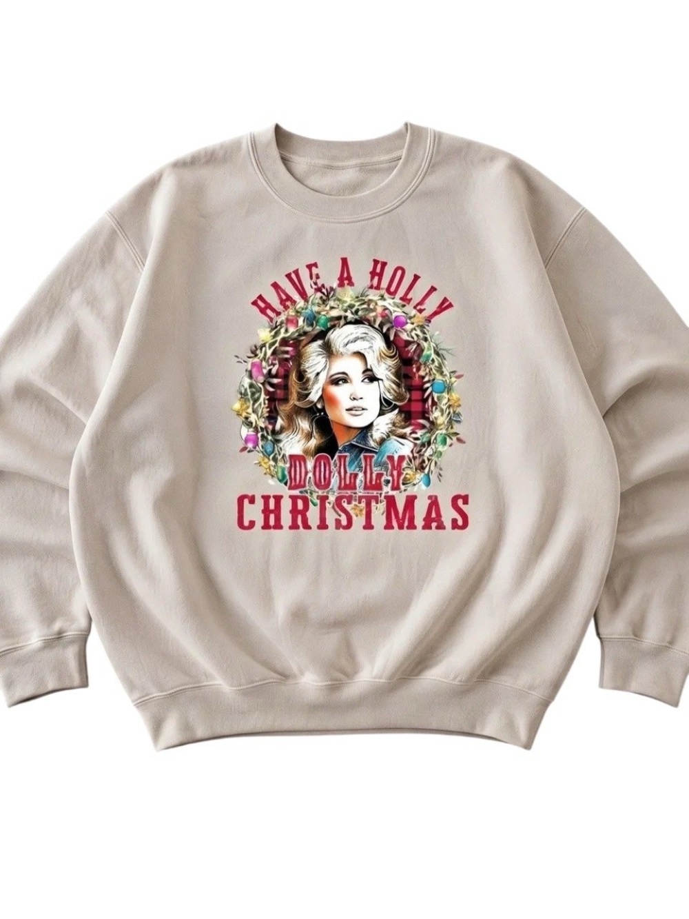 Sand Holiday Sweatshirt with Red Dolly Christmas Graphic
